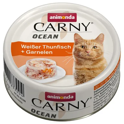 Animonda Carny Ocean hvid tun og rejer. Supplerende foder til katte, dåse med billede af produkt og kat.