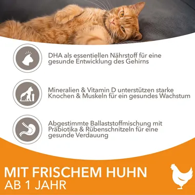 DHA für gesunde Gehirnentwicklung, Mineralien & Vitamin D für starke Knochen und Muskeln, Ballaststoffe mit Präbiotika für Verdauung. Mit frischem Huhn ab 1 Jahr.