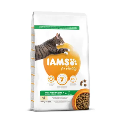 IAMS for Vitality Adult Cats 1+ kuivaruoka, tuoretta kanaa, 10 kg. Pakkauksessa kuva kissasta ja kulhollinen nappuloita. Näkyvissä tekstit: '87 % eläinproteiinia', '7 terveyshyötyä'.