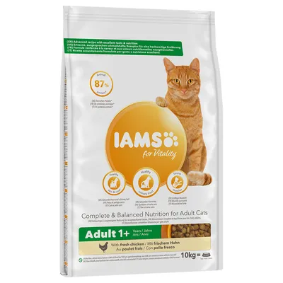Sac IAMS for Vitality Adult 1+ au poulet frais pour chats adultes, 10 kg. Texte visible : 87 % protéines animales, nutrition complète et équilibrée, adapté aux chats dès 1 an.