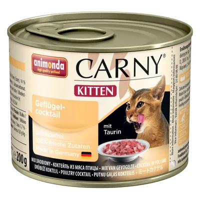 Blik Animonda Carny Kitten Geflügel-Cocktail, 200g. Tekst: getreidefrei, 100% frische Zutaten, Made in Germany, mit Taurin. Afbeelding van kitten en vlees in een kom.