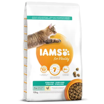 IAMS for Vitality Sterilised kissanruoka, 10 kg. Näkyvissä ruskea kissa, ruokapaloja ja teksti: 1+ vuotta, tuore kana, 84 % eläinproteiinia, tukee 7 elintoimintoa.