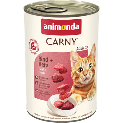 animonda CARNY Adult 1+ Nauta + Sydän. 100 % tuoreita ainesosia, korkea eläinproteiinipitoisuus, ilman lisättyä viljaa ja sokeria. animonda CARNY Adult 1+ Nauta + Sydän. 100 % tuoreita ainesosia, korkea eläinproteiinipitoisuus, ilman lisättyä viljaa ja sokeria.
