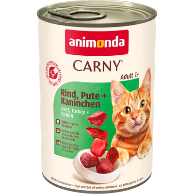 animonda Carny Adult 1+, Nauta, Kalkkuna + Kani. 100 % tuoreita ainesosia, korkea eläinproteiinipitoisuus, ilman lisättyä viljaa ja sokeria. animonda Carny Adult 1+, Nauta, Kalkkuna + Kani. 100 % tuoreita ainesosia, korkea eläinproteiinipitoisuus, ilman lisättyä viljaa ja sokeria.