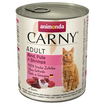 Animonda Carny Adult wołowina, indyk + krewetki. 100% świeżych składników, bez zbóż, Made in Germany. Z tauryną.