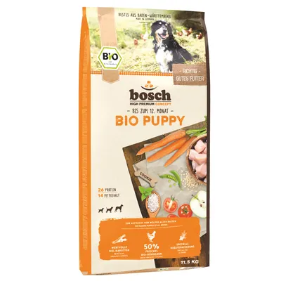 Bosch Bio Puppy koiranruoka alle 12 kk, 26 % proteiinia, 14 % rasvaa, luomu porkkanaa, tuoretta luomu kanaa ja yrttiseos. Valmistettu Saksassa. Pakkauskoko: 11,5 kg.
