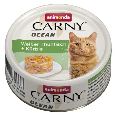 Scatoletta Animonda Carny Ocean per gatti, testo visibile: Weißer Thunfisch + Kürbis, immagine di un gatto arancione e porzione di tonno con zucca su piattino.