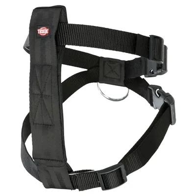 Black Trixie harness with adjustable straps, metal ring and plastic fastenings.