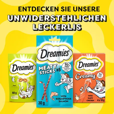 Dreamies Leckerlis: Meaty Sticks mit Lachs, Creamy mit Huhn ohne Zuckerzusatz, Crunchy Snacks. Entdecken Sie unwiderstehliche Katzenleckerlis.