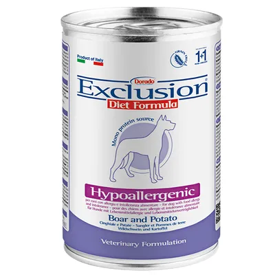 Exclusion Diet Formula Hypoallergenic vildsvin och potatis. Monoproteinkälla för hundar med födoämnesallergier och intoleranser. Italiensk produkt, spannmålsfri.