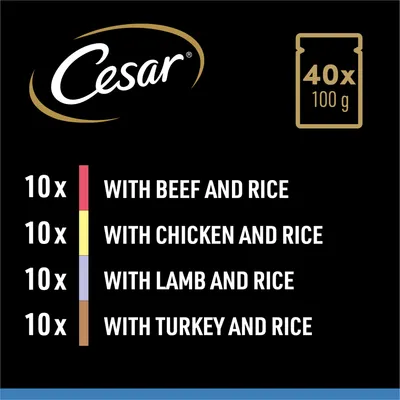 Pack contains 40 trays of 100g: 10 with beef and rice, 10 with chicken and rice, 10 with lamb and rice, 10 with turkey and rice.