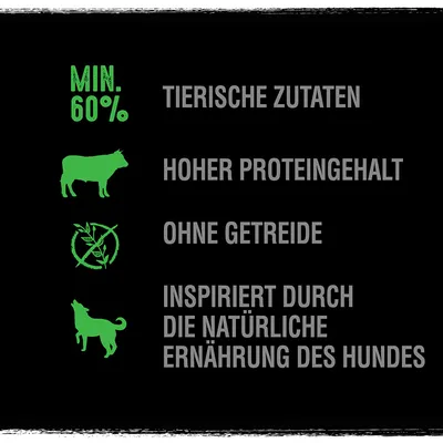 Min. 60% tierische Zutaten, hoher Proteingehalt, ohne Getreide, inspiriert durch die natürliche Ernährung des Hundes (tekst in het Duits).