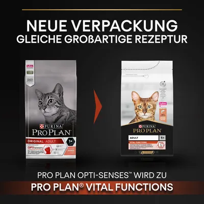 Neue Verpackung, gleiche grossartige Rezeptur. Purina Pro Plan Opti-Senses wird zu Pro Plan Vital Functions. Produktabbildungen mit Katzen und Details zur Rezeptur.