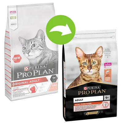 Două ambalaje hrană pentru pisici Purina Pro Plan: Original Adult 1+ și Adult Vital Functions 1+, cu săgeată verde indicând schimbarea designului. Text vizibil: isfm, salmon, somon.