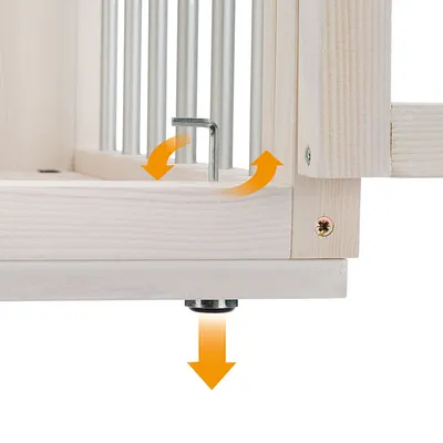 Instructies voor hoogteverstelling en bevestiging van houten frame met metalen pen en schroef. Pijlen tonen draai- en drukbewegingen.