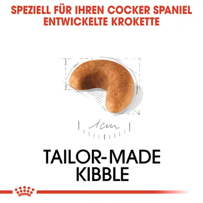 Speziell für Cocker Spaniel entwickelte Krokette, maßgeschneidert mit einer Größe von 1 cm. Text: Tailor-Made Kibble.