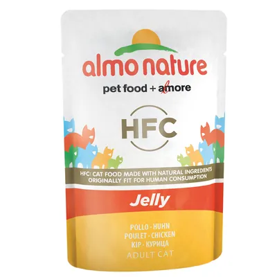 almo nature HFC Jelly, poulet, nourriture pour chat adulte. Texte visible : pet food + amore, HFC: cat food made with natural ingredients originally fit for human consumption.