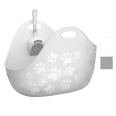 Bijela kutija za pohranu s uzorkom šapa i lopaticom za mačke, dvije ručke za nošenje. Boje: bijela i siva.
