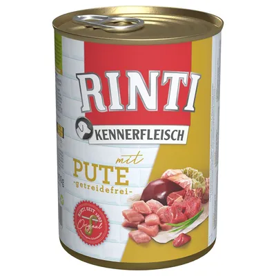 RINTI Kennerfleisch mit Pute, getreidefrei. Immagine di una lattina con carne di tacchino e ingredienti visibili sull'etichetta. Testo in tedesco.