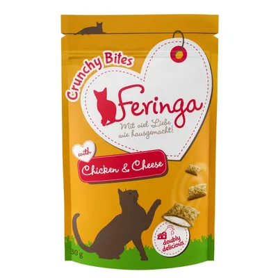 Feringa Crunchy Bites mit Chicken & Cheese, Mit viel Liebe wie hausgemacht, doubly delicious. Verpackung mit 30g Inhalt und Katzenmotiv.