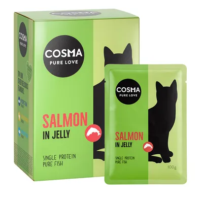 Cosma Pure Love Salmon in Jelly, Single Protein Pure Fish, Verpackung und Beutel mit Katzenmotiv, 100g.