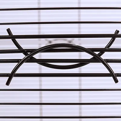 Close-up view of a black metal grid with a curved element, suitable for cages or enclosures.