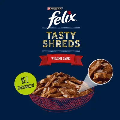 Purina Felix Tasty Shreds Wiejskie Smaki, bez barwników. Widoczne kawałki karmy w sosie w misce.