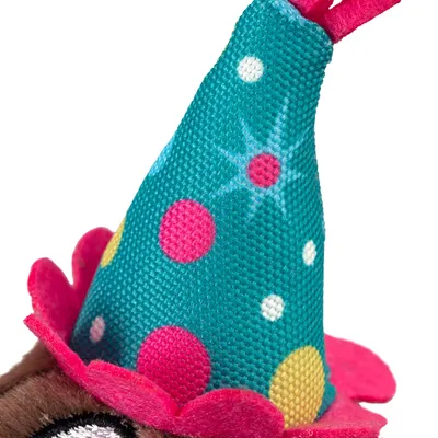 Toy with fabric party hat, turquoise with colourful dots and pink details.