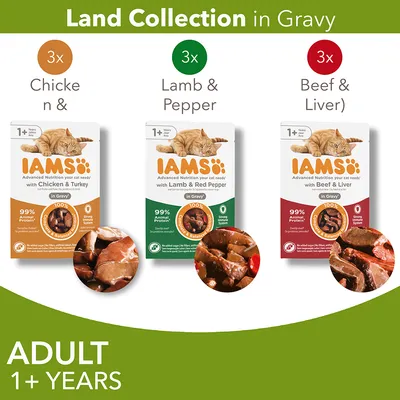 IAMS Land Collection in Gravy за котки 1+ години: 3x с пиле и пуешко, 3x с агнешко и червен пипер, 3x с говеждо и дроб. 99% животински протеин, без добавени захари.