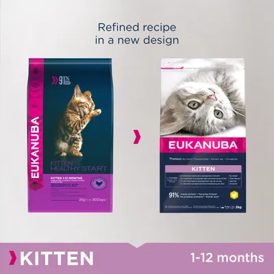 Vergelijking van oud en nieuw Eukanuba Kitten droogvoer 2 kg verpakking, beide voor kittens 1–12 maanden, met tekst: 'Refined recipe in a new design' en zichtbaar 91% dierlijk eiwit.