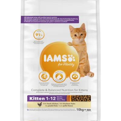 IAMS for Vitality kattemad til killinger 1–12 måneder, med frisk kylling, 91 % animalsk protein, 10 kg. Tekst: Complete & Balanced Nutrition for Kittens. Billede af orange killing.