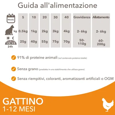 Guida all'alimentazione gattino 1–12 mesi: dosi da 25 a 75 g secondo peso, gravidanza 50–110 g, allattamento 60–200 g. 91% proteine animali, senza grano, senza riempitivi o OGM.