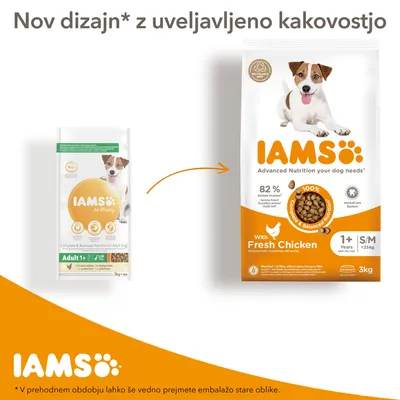 Primerjava stare in nove embalaže IAMS pasje hrane: nov dizajn, 82 % živalskih beljakovin, sveže piščanec, za pse 1+ let, S/M <25 kg, 3 kg. Oznaka DentalCare System.