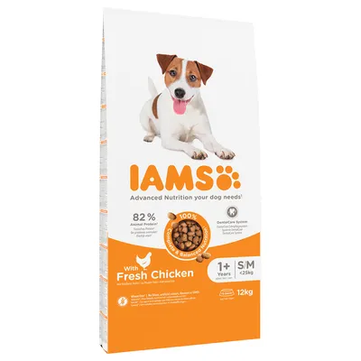 IAMS suha hrana za pse, 82 % živalskih beljakovin, s svežim piščancem, za odrasle pse S/M velikosti do 25 kg, 1+ let, DentalCare System, 12 kg.