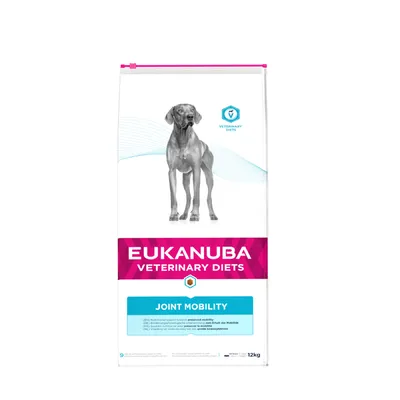 Eukanuba Veterinary Diets Joint Mobility, nutritional support for mobility, visible on product packaging, 12kg bag.