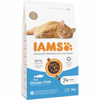 Sac de croquettes IAMS pour chat, 3 kg, Ocean Fish, 87 % protéines animales, 100 % Complete & Balanced Nutrition, pour chats de 7+ ans, emballage recyclable visible.