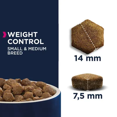 Weight Control Small & Medium Breed -koiranruokanappulan koko: halkaisija 14 mm, korkeus 7,5 mm. Kuvassa myös kulhollinen nappuloita.