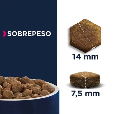 Pienso para perros con sobrepeso. Tamaño de croqueta: 14 mm de ancho, 7,5 mm de alto. Imagen de bol lleno de croquetas hexagonales marrones.