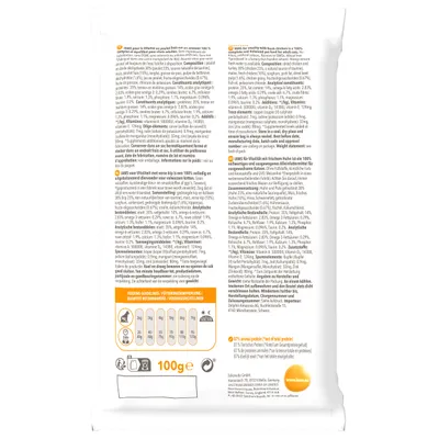 Achterkant verpakking IAMS kattenvoer, toont ingrediëntenlijst, analytische bestanddelen, voedingsadvies per gewicht (25–75 g), 100g e, en pictogrammen voor recycling en voeding.