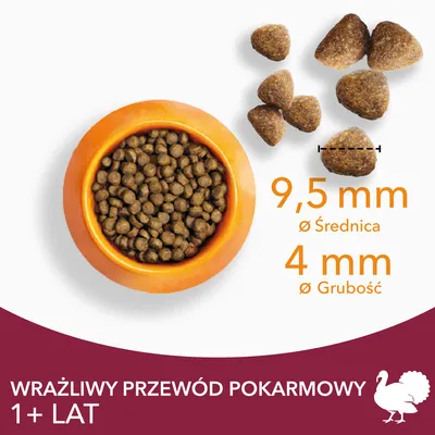 Karma w misce i granulki, średnica 9,5 mm, grubość 4 mm. Napis: wrażliwy przewód pokarmowy, 1+ lat.