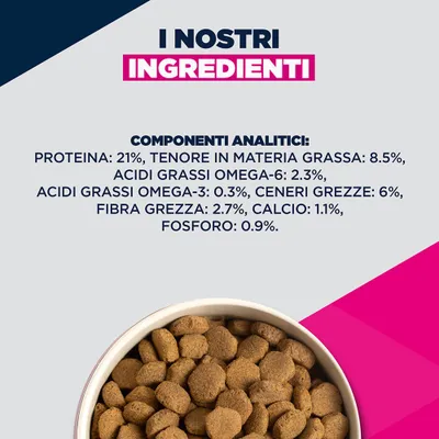 Componenti analitici: proteine 21%, grassi 8,5%, omega-6 2,3%, omega-3 0,3%, ceneri grezze 6%, fibra grezza 2,7%, calcio 1,1%, fosforo 0,9%.