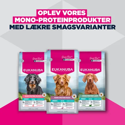 Eukanuba Mono-Protein Adult S-XL Tørfoder i varianterne Laks, And og Lam. Kornfri bemærkning på alle pakker. Eukanuba Mono-Protein Adult S-XL Tørfoder i varianterne Laks, And og Lam. Kornfri bemærkning på alle pakker.