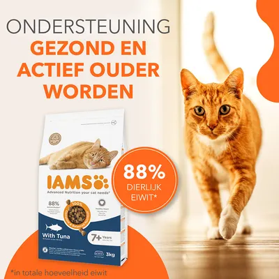 IAMS kattenvoer met tonijn, 3 kg, voor katten vanaf 7 jaar. Tekst: Ondersteuning gezond en actief ouder worden, 88% dierlijk eiwit* in totale hoeveelheid eiwit.