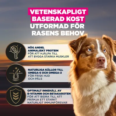 Vetenskapligt baserad näring, utvecklad för rasens behov: hög andel animaliskt protein, naturliga källor till omega-6 och omega-3, optimal halt av vitamin E och betakaroten.