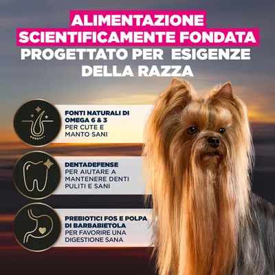 Alimentazione scientificamente fondata, progettata per le esigenze della razza. Fonti naturali di Omega 6 e 3, Dentadefense, prebiotici FOS e polpa di barbabietola.