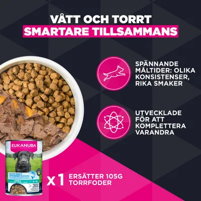 Eukanuba våtfoder med sötpotatis: 1 burk ersätter 105 g torrfoder. Olika konsistenser och smaker, utvecklade som ett komplement. Eukanuba våtfoder med sötpotatis: 1 burk ersätter 105 g torrfoder. Olika konsistenser och smaker, utvecklade som ett komplement.