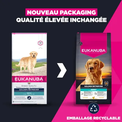 Eukanuba Golden Retriever Adulte : L'image montre l'ancien et le nouveau design d'emballage, la qualité reste inchangée, le nouvel emballage est recyclable. Eukanuba Golden Retriever Adulte : L'image montre l'ancien et le nouveau design d'emballage, la qualité reste inchangée, le nouvel emballage est recyclable.