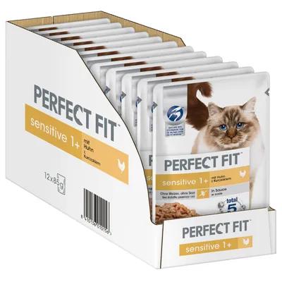 Perfect Fit Sensitive 1+ kananlihaa, ilman vehnää ja soijaa. Pakkaus sisältää 12x85g annospusseja kissoille. 5 hyötyä: terve ruoansulatus, vahva vastustuskyky.