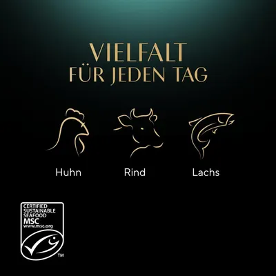 Vielfalt für jeden Tag: Huhn, Rind, Lachs. Zertifiziert nachhaltige Meeresfrüchte MSC mit Logo und Website www.msc.org.