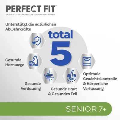 Perfect Fit Total 5: Tukee luonnollista vastustuskykyä, terveitä virtsateitä, ruoansulatusta, ihoa ja turkkia, optimaalista painonhallintaa. Sopii Senior 7+.